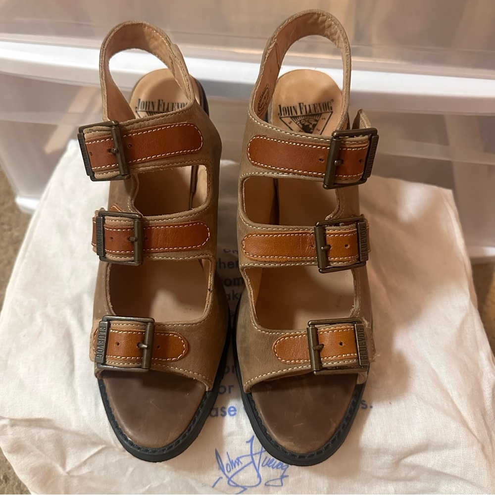 John Fluevog Tan and Brown Triple-Buckle Leather Mules